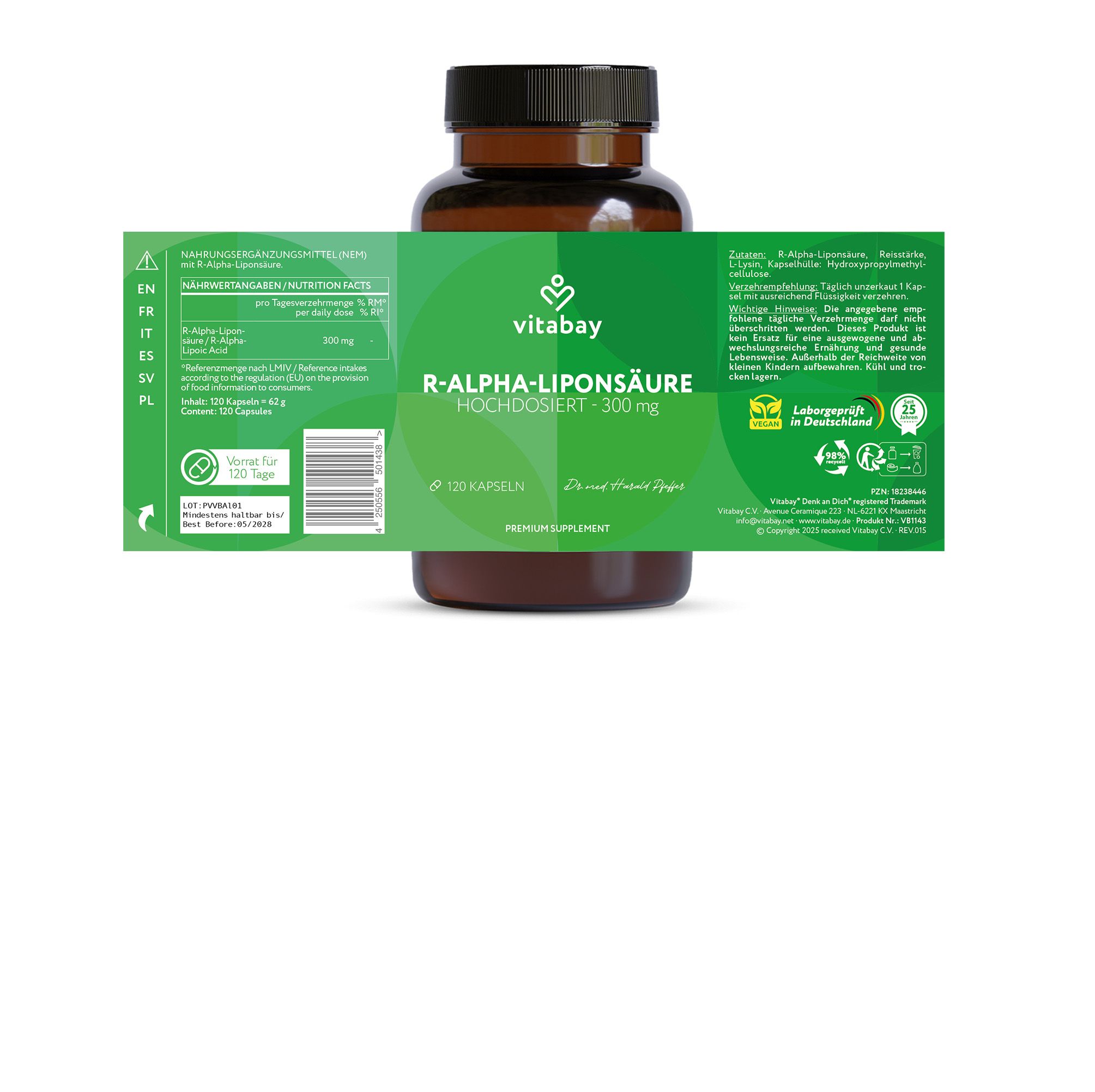 Flacone marrone con etichetta verde: R-Alpha-Liponsäure 300 mg, 120 capsule. Testo: Altamente dosato. Logo Vitabay. Ingredienti.