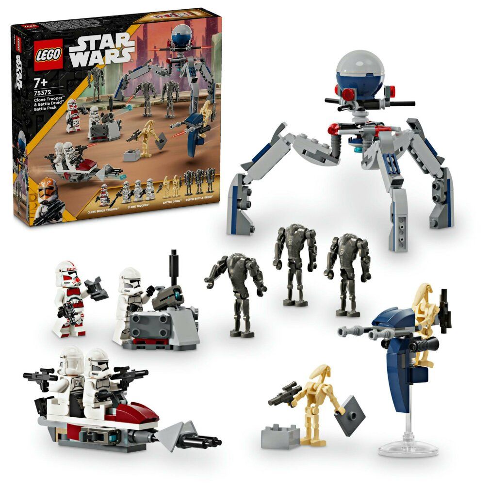 Set LEGO Star Wars. Personaggi, speeder e droidi da battaglia. Confezione con logo e nome del prodotto.