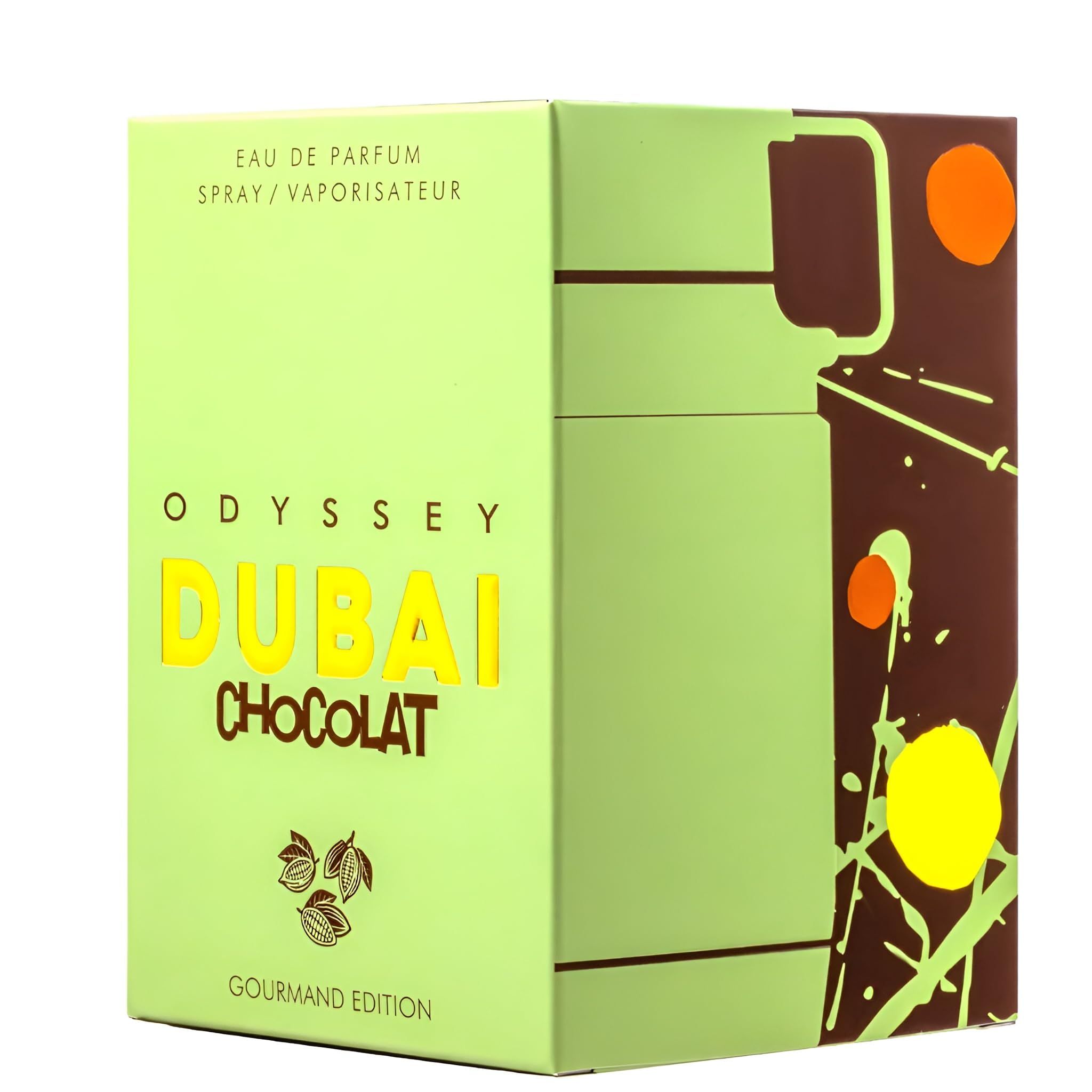 Confezione verde con testo giallo. Scritta: ODYSSEY DUBAI CHOCOLAT. Illustrazione di fave di cacao.
