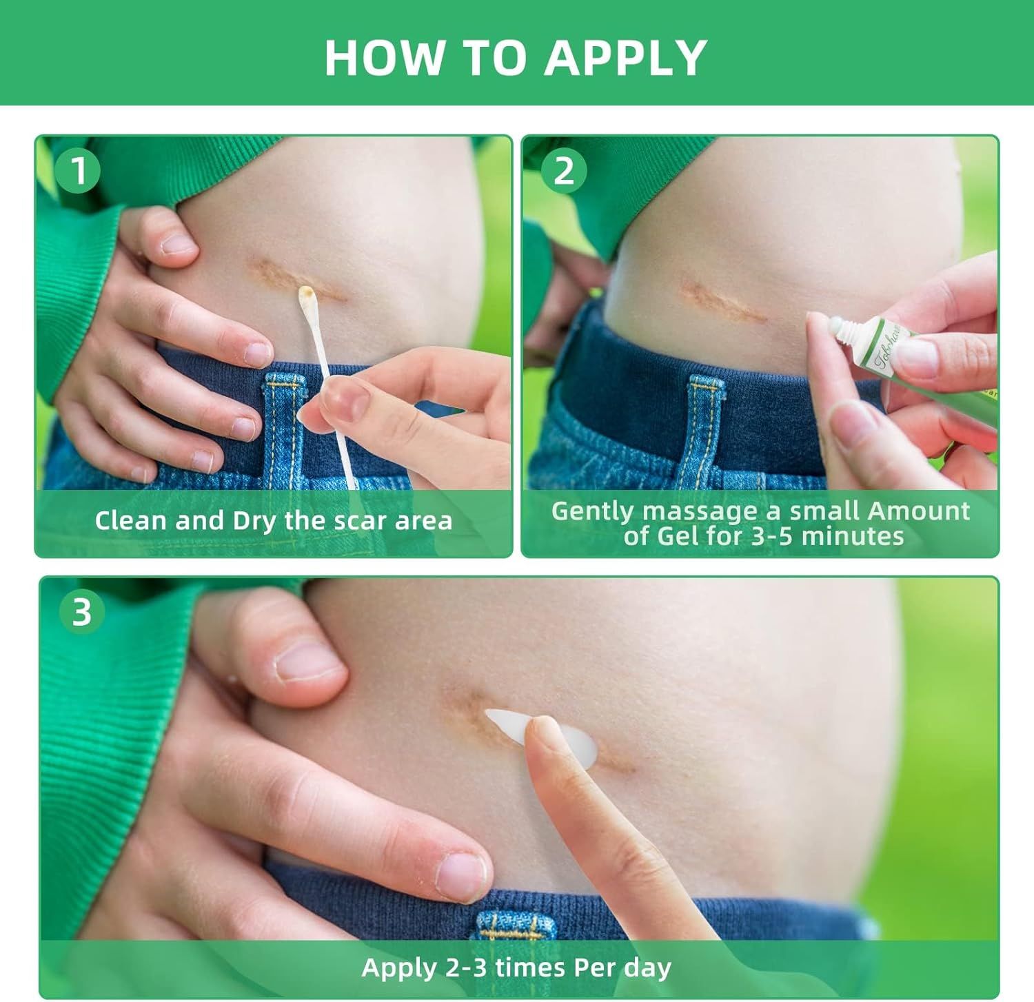 Tre immagini mostrano l'applicazione del gel. Testo: Come applicare: 1. Pulire l'area. 2. Applicare il gel. 3. 2-3 volte al giorno.
