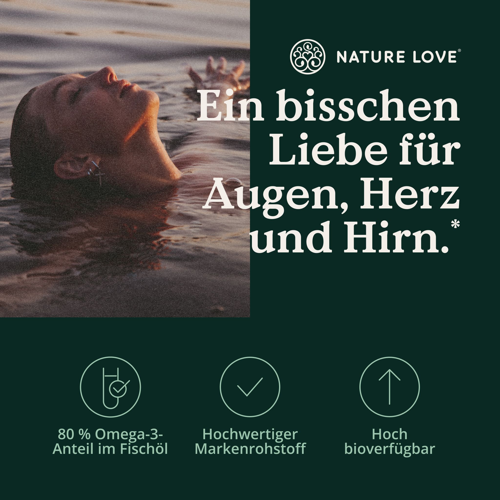Donna in acqua con testo: Un po' d'amore per occhi, cuore e cervello. Icone: 80% Omega-3, materia prima di marca, alta biodisponibilità.