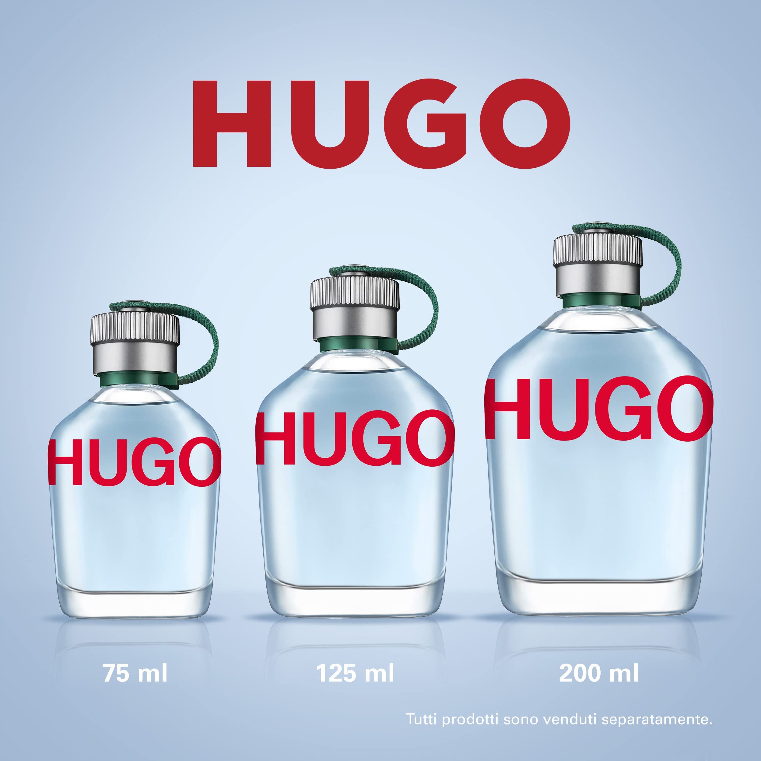 Tre flaconi di Hugo Eau de Toilette di diverse dimensioni.
