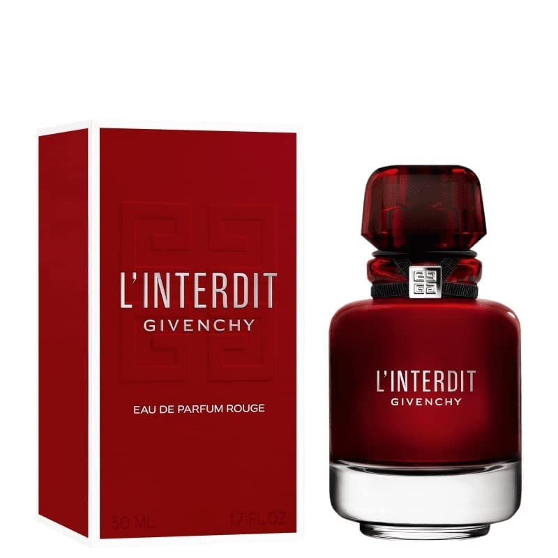 Flacone e confezione Givenchy L'Interdit Eau de Parfum Rouge. Flacone e confezione rossi. Testo: Eau de Parfum Rouge, 50 ml.