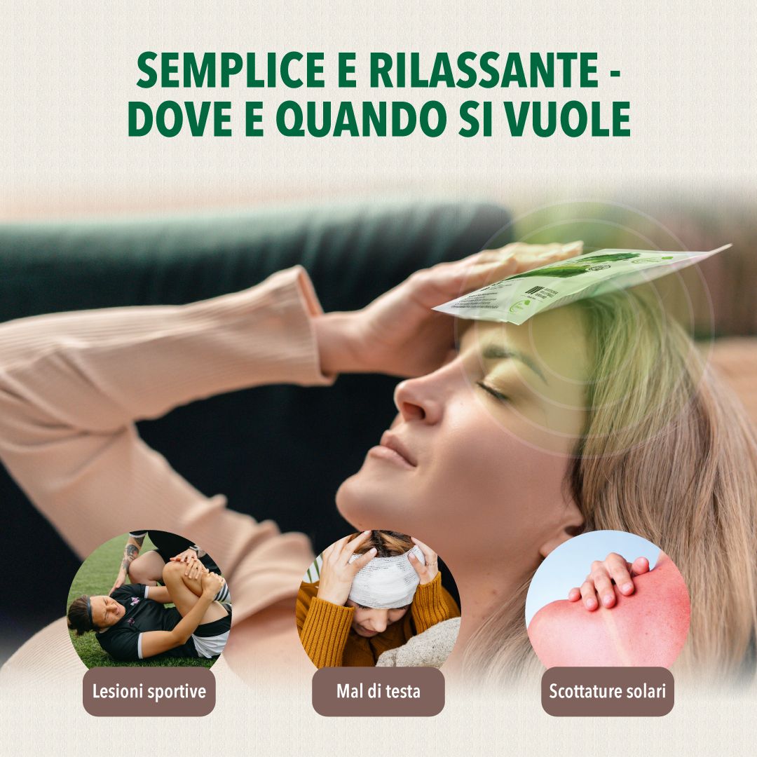 Donna con impacco freddo sulla fronte. Illustrazioni: lesioni sportive, mal di testa, scottature solari. Testo: Semplice e rilassante.