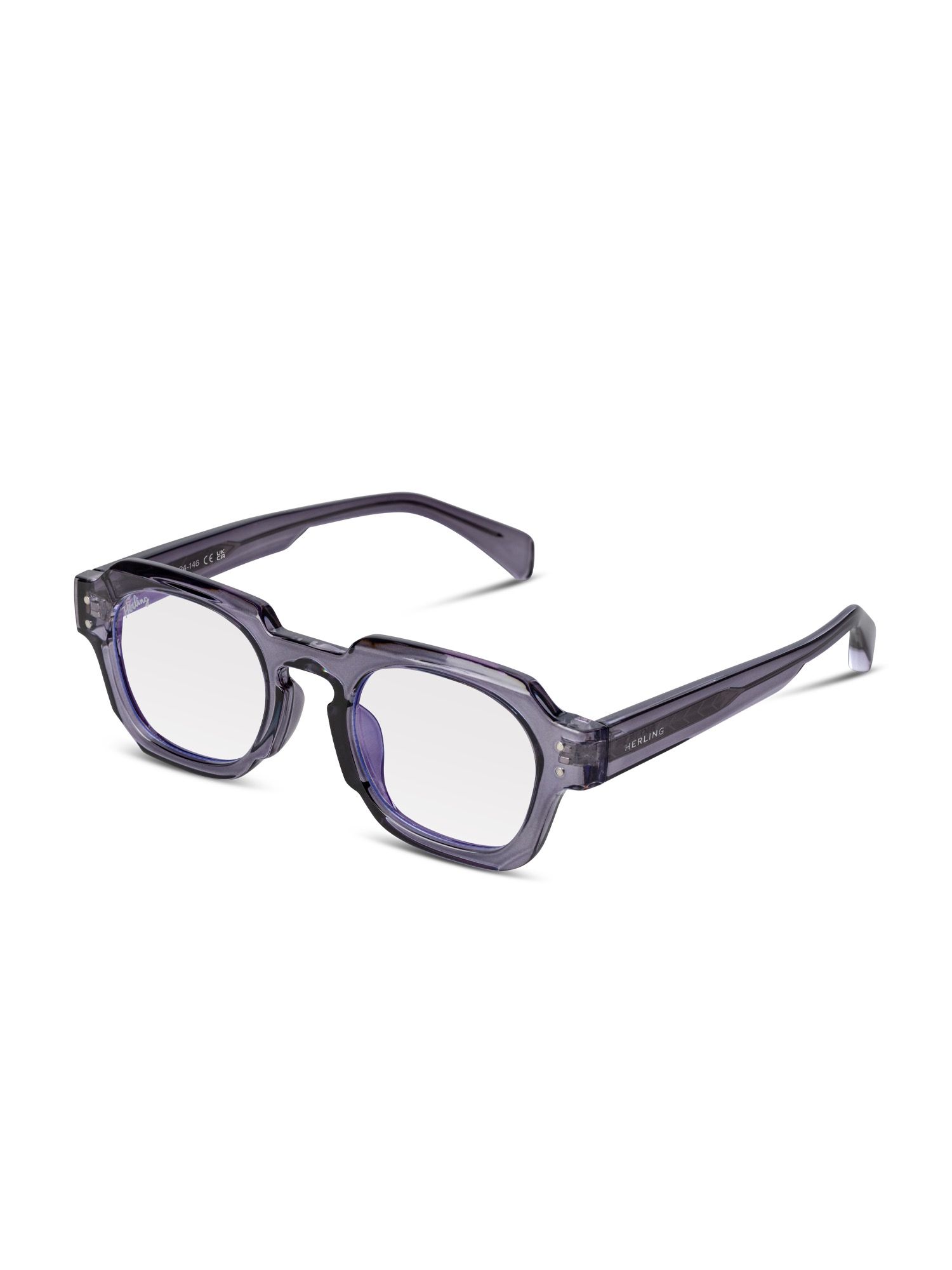 Occhiali grigio-viola. Lenti rettangolari, ponte nasale nero. Aste con cerniere. Logo Herling sull'asta.