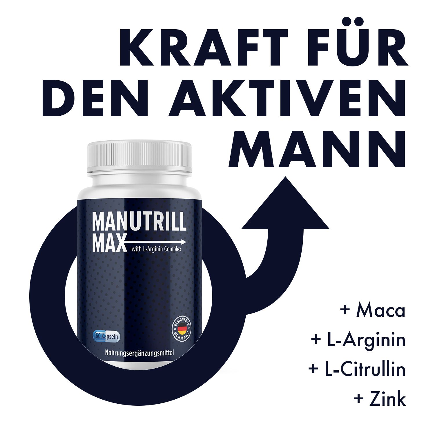 Flacone MANUTRILL MAX with L-Arginin Complex. Testo: FORZA PER L'UOMO ATTIVO. Ingredienti: Maca, L-Arginina, L-Citrullina, Zinco. Sigillo: Made in Germany.