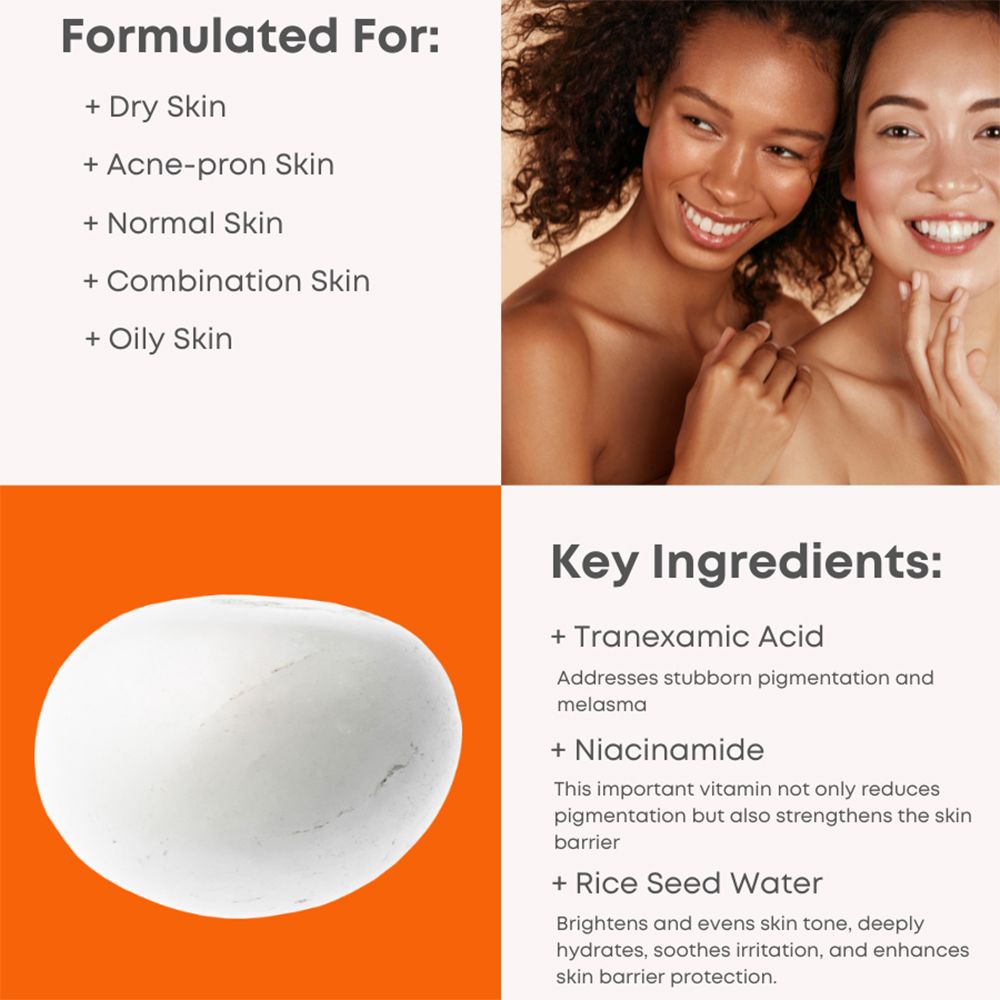 Due donne e una forma ovale bianca. Testo: Per: pelli secche, a tendenza acneica, normali, miste e grasse. Ingredienti.