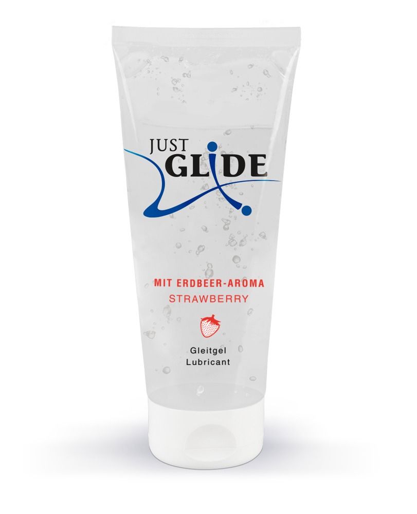 Tubo trasparente con tappo bianco a scatto, riempito di gel lubrificante alla fragola. Contiene bolle d'aria.