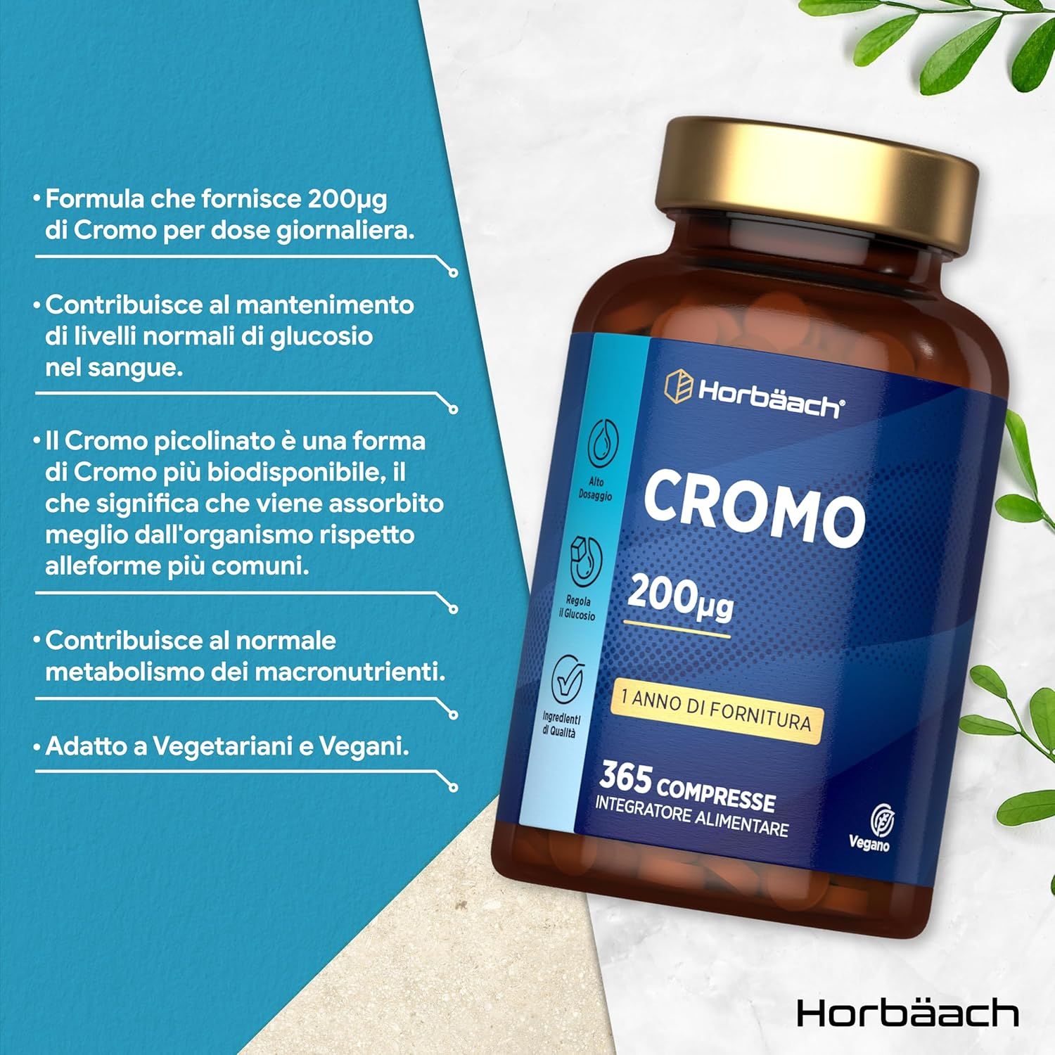 Flacone marrone con etichetta blu. Contiene 365 compresse. Scritta: CROMO 200µg. Vegano. Testo accanto.