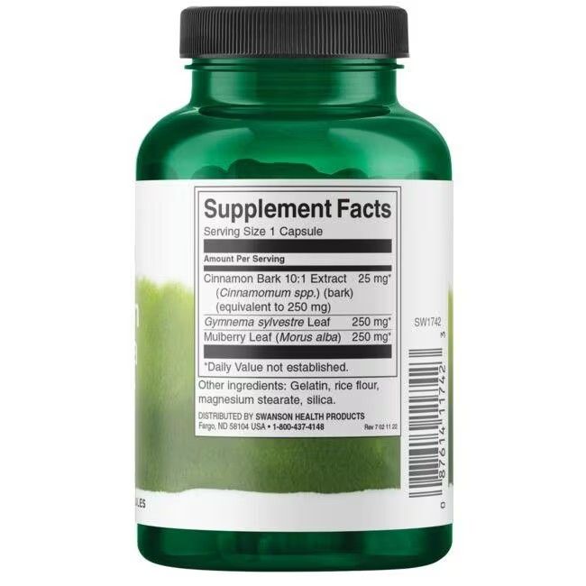 Retro di una bottiglia verde. Etichetta con informazioni nutrizionali. Ingredienti: Cannella, Gymnema, Gelso. Codice a barre.