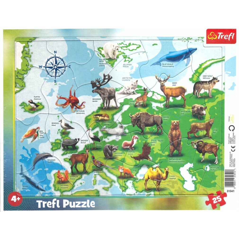 Puzzle Trefl Mappa Europa con animali, 25 pezzi. Mappa Europa illustrata con animali. Età consigliata: 4+. Confezione.