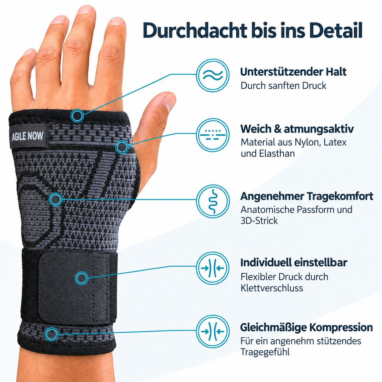 Tutore per polso con descrizione dettagliata di supporto, materiale, comfort e compressione.