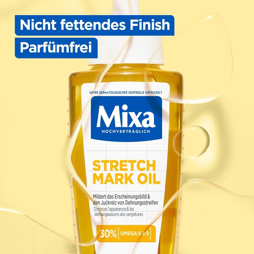 Flacone giallo Mixa Stretch Mark Oil. Scritta: Attenua le smagliature. 30% Omega 6 & 9. Finitura non grassa.