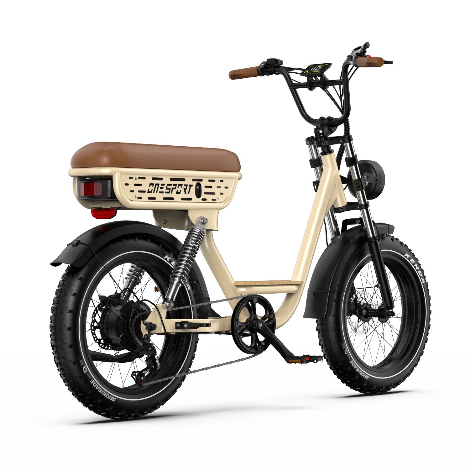 Bicicletta elettrica beige con sella marrone. Pneumatici, parafanghi e manubrio neri. Fanale posteriore. Marca: ONESPORT.
