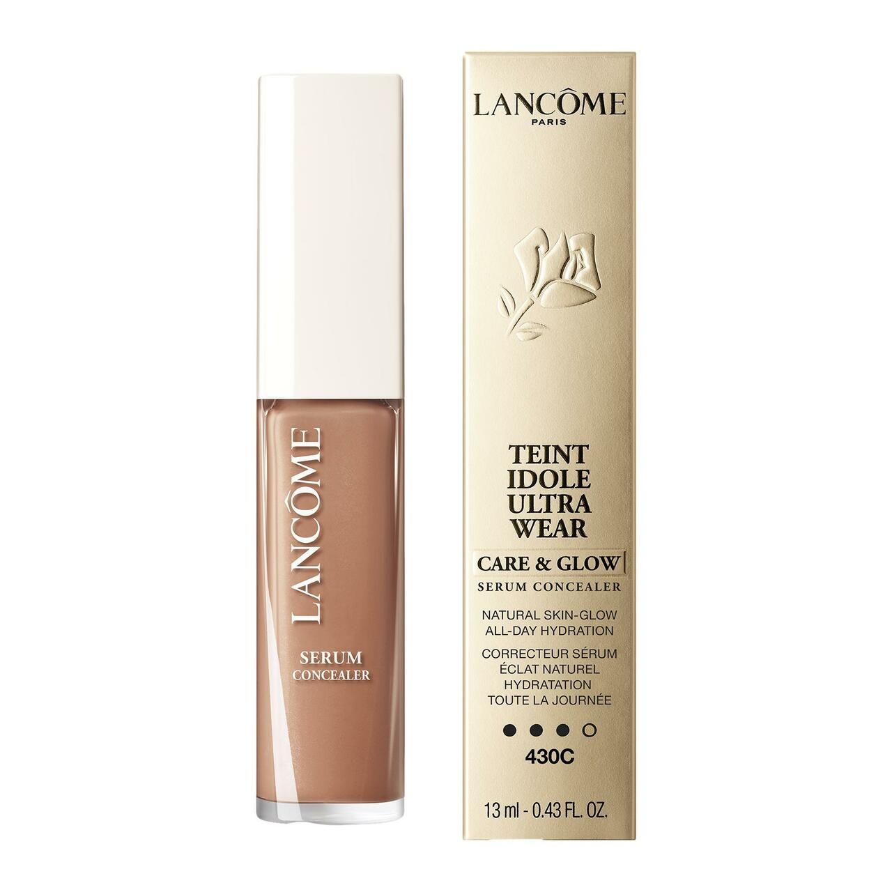 Tubo correttore beige e confezione. Scritta: Lancôme, Teint Idole Ultra Wear Care & Glow, 430C, 13 ml.