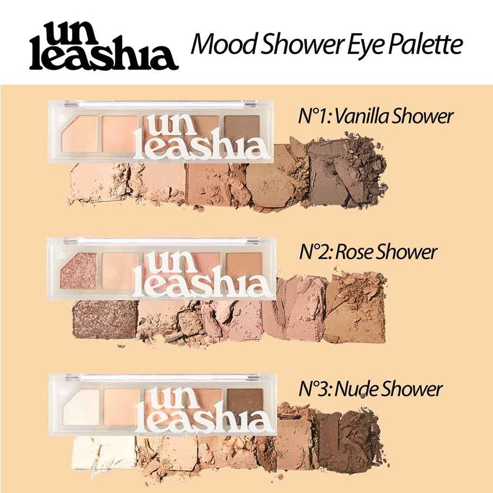 Tre palette UNLEASHIA Mood Shower Eye. Ogni palette contiene 5 tonalità. Nomi dei prodotti e designazioni dei colori.