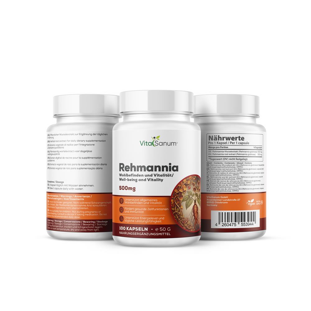 Tre flaconi bianchi VitaSanum®-Rehmannia. Etichette con informazioni prodotto. Scritta: 500mg, 100 capsule.