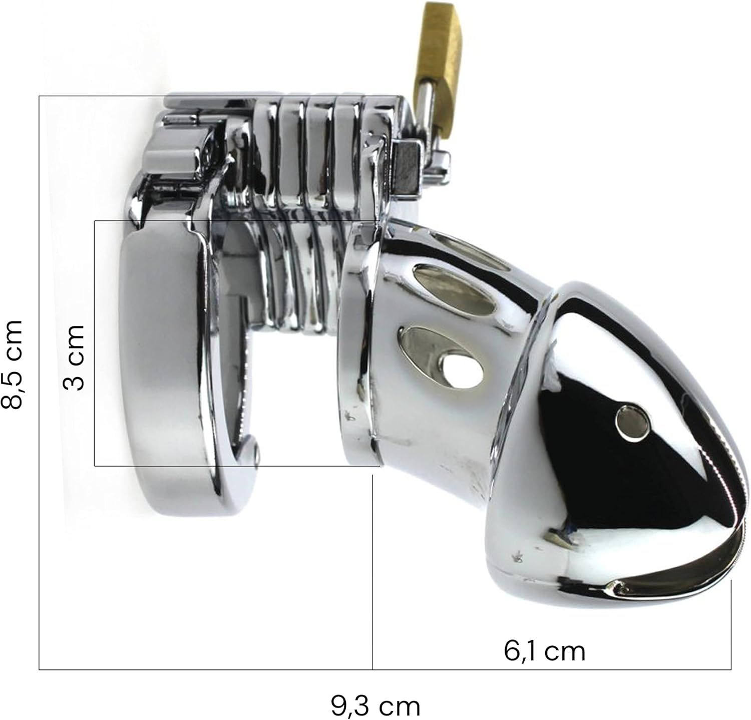 Gabbia di castità in metallo con lucchetto. Dimensioni: 9,3 cm di lunghezza, 8,5 cm di altezza, 6,1 cm di larghezza. Anello: 3 cm di altezza.