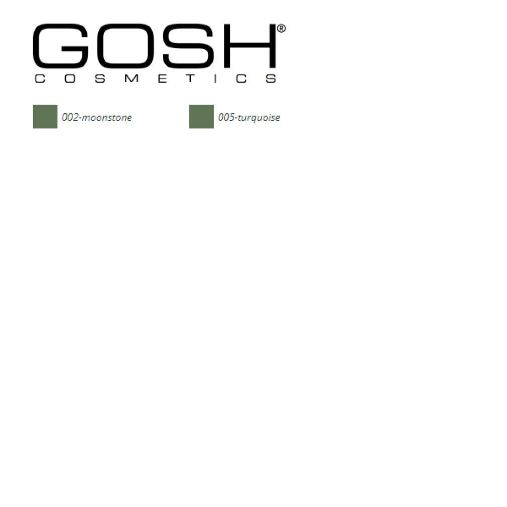 Logo GOSH Cosmetics. Campioni di colore con scritte 002-moonstone e 005-turquoise.