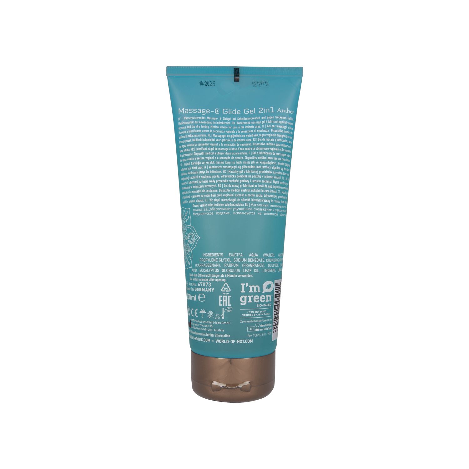 Retro di un tubo turchese. Testo: ingredienti, Massage- & Glide Gel 2in1 Amber scent, loghi.