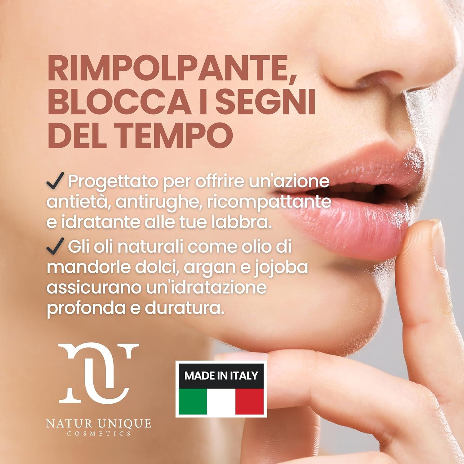 Balsamo labbra con testo su anti-età e oli naturali. Logo "Made in Italy".
