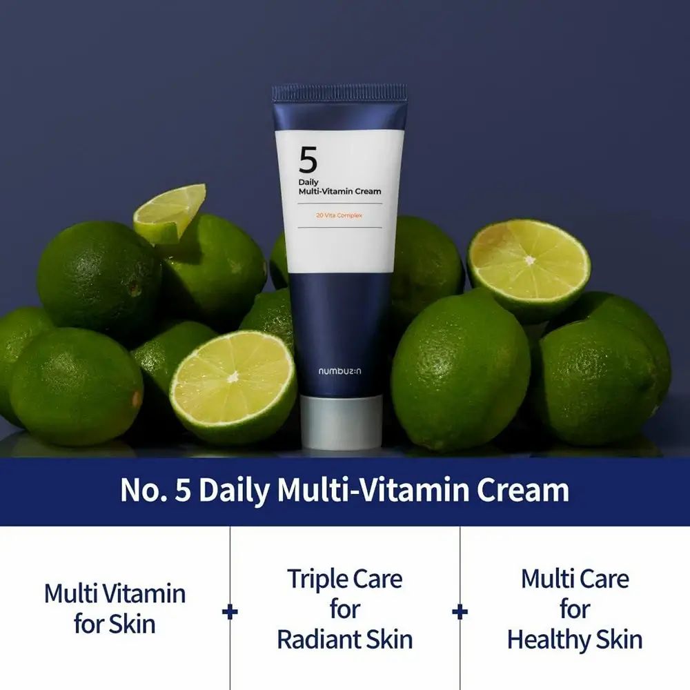 Tubo di crema con lime. Scritta: No. 5 Daily Multi-Vitamin Cream. Testo: Multi Vitamin for Skin, Triple Care for Radiant Skin, Multi Care for Healthy Skin.
