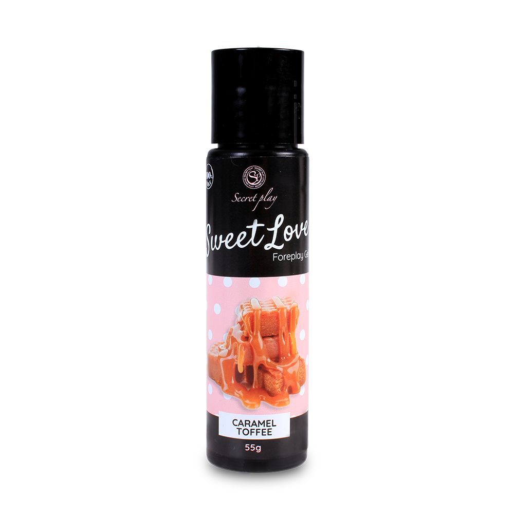 Flacone Sweet Love Foreplay Gel Caramel Toffee, 55g, con pezzi di caramello e toffee.