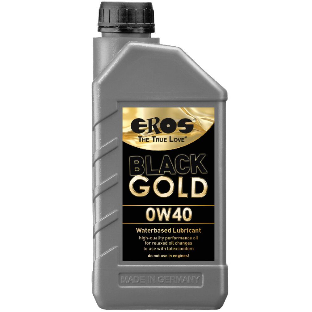 Flacone grigio con etichetta nera. Scritta: EROS, BLACK GOLD, 0W40. Lubrificante a base d'acqua. Prodotto in Germania.