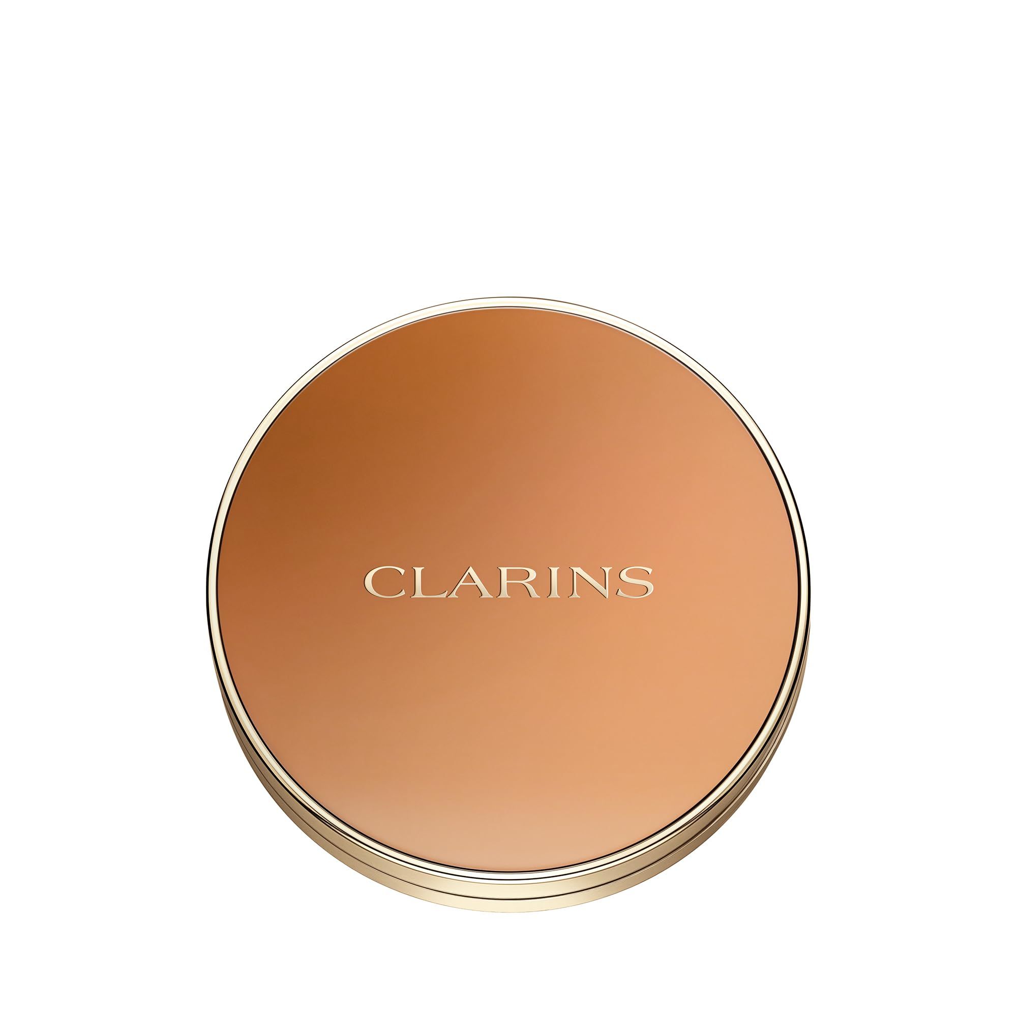 Cipria bronzante compatta rotonda con coperchio. Coperchio e polvere nei toni del marrone e dell'oro. Marchio Clarins.