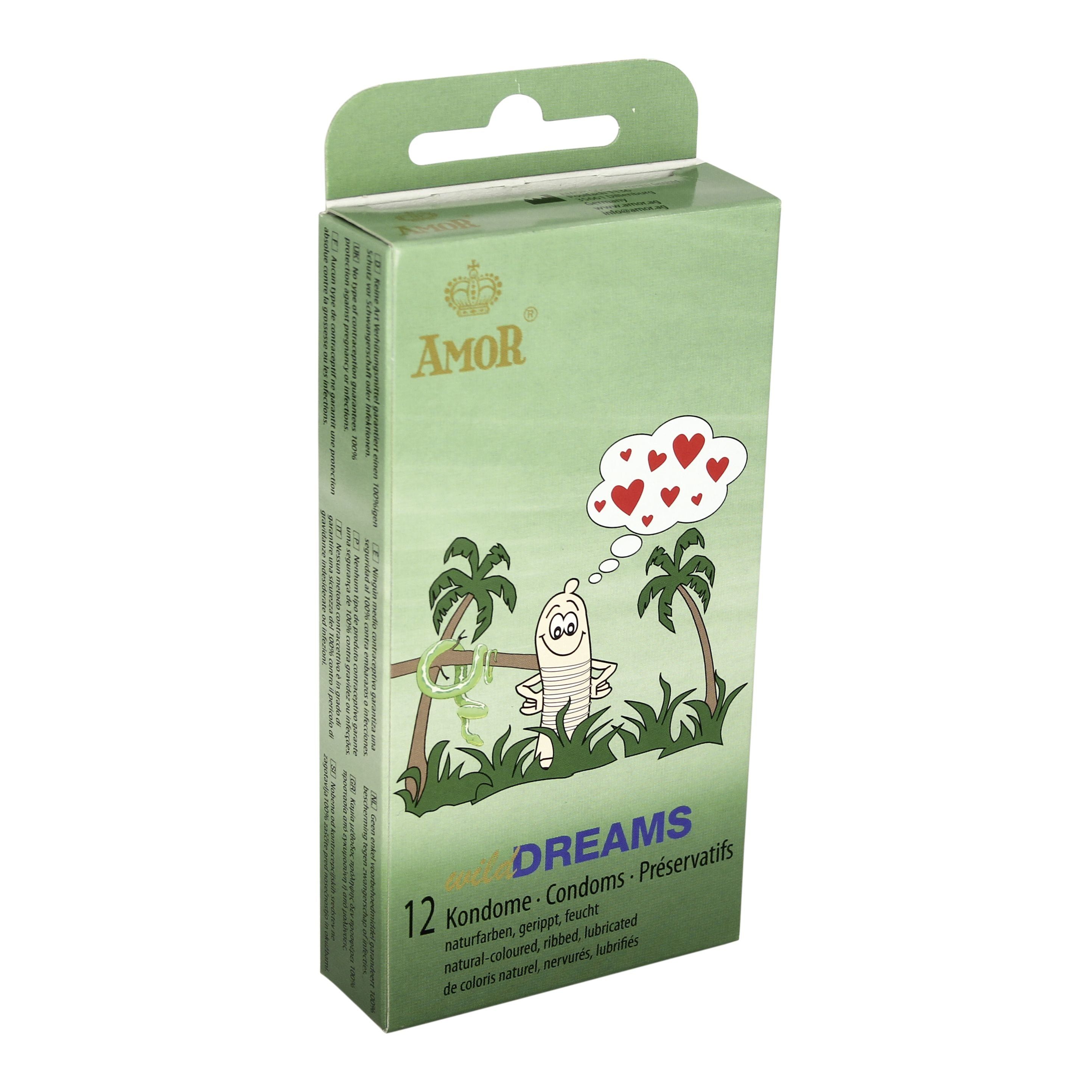 Scatola verde con gancio, illustrazione a fumetti e testo. Contiene 12 preservativi. Marchio: Amor Wild Dreams.