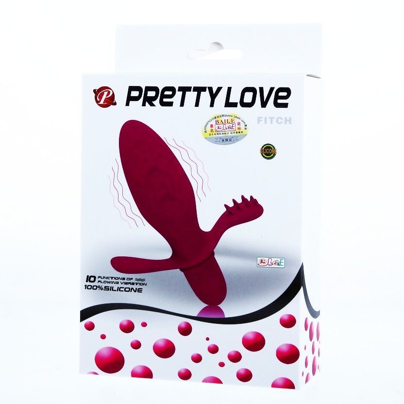Confezione vibratore Pretty Love Fitch. Scatola bianca con immagine, logo e testo. 100% silicone.