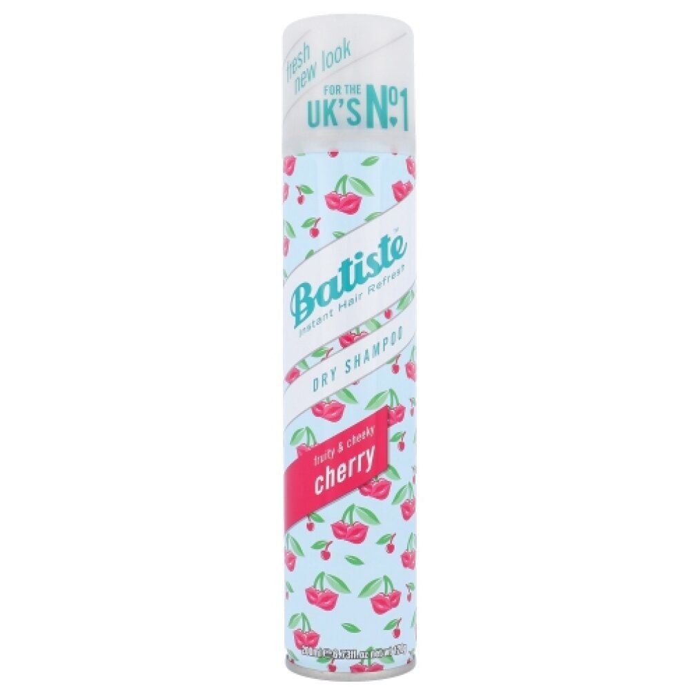 Flacone spray di shampoo secco Batiste Cherry. Motivo ciliegie. Scritta: Dry Shampoo, Cherry, n. 1 nel Regno Unito.