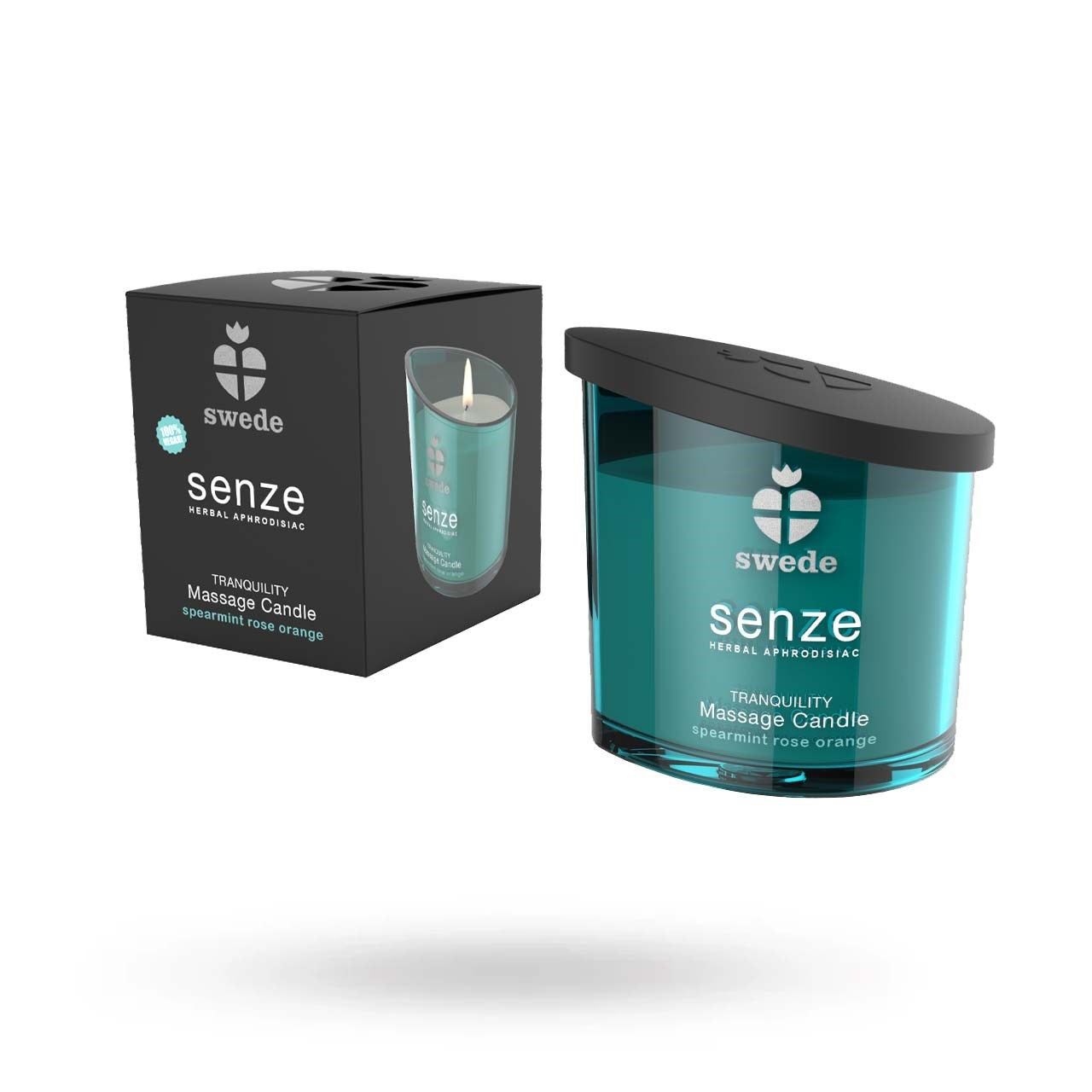 Candela da massaggio e confezione. Scritta: swede, senze, Tranquility Massage Candle, Spearmint Rose Orange.