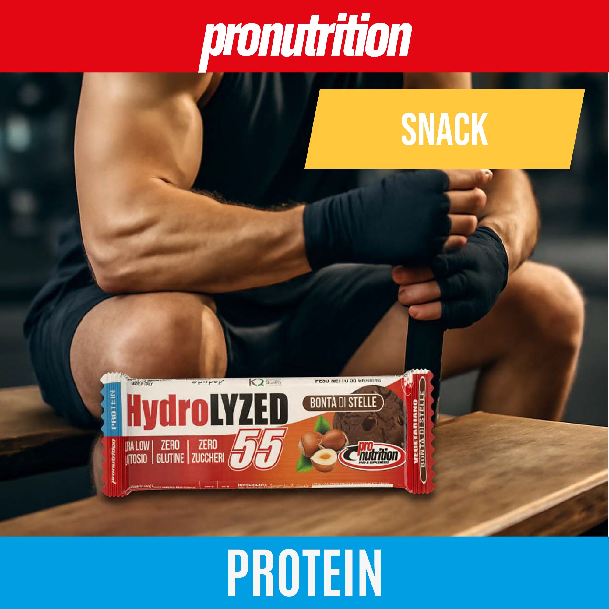 Barretta proteica nella mano di un uomo. Scritta Hydrolyzed 55. Bonita di Stelle. Snack.