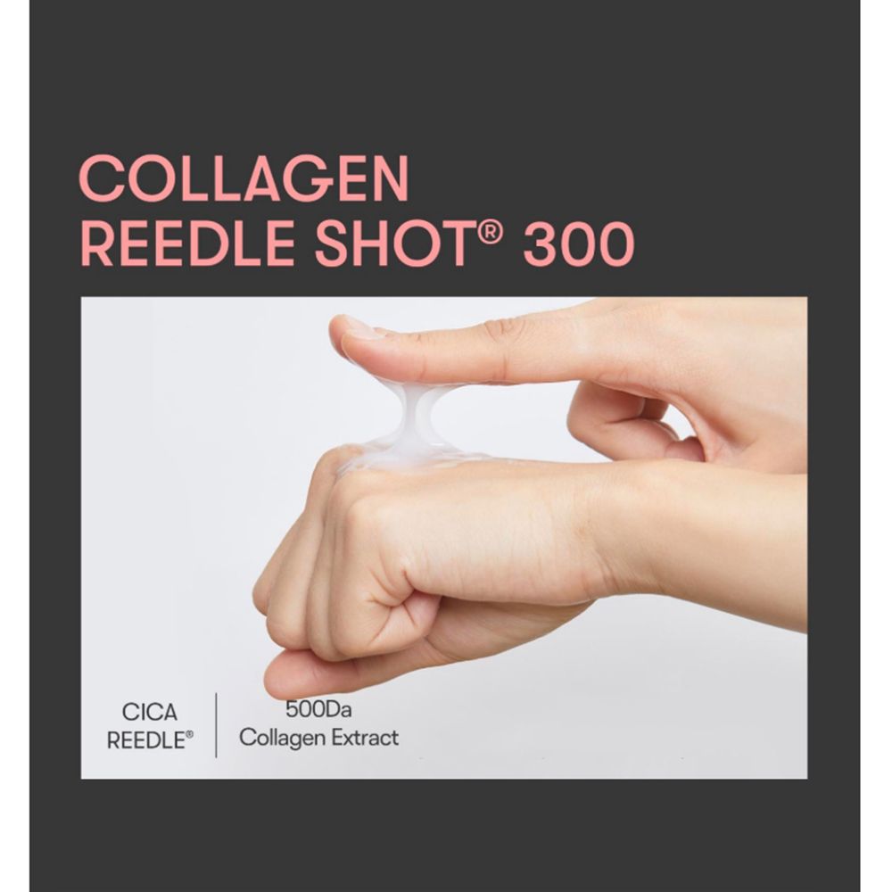 Mani con prodotto. Testo: COLLAGEN REEDLE SHOT 300, CICA REEDLE, 500Da Collagen Extract.