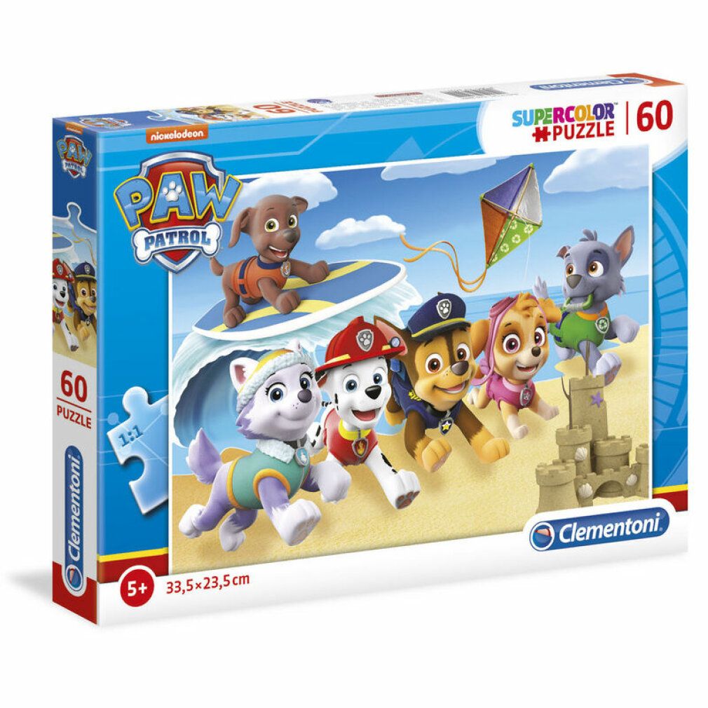 Puzzle Paw Patrol, 60 pezzi. Confezione con immagine dei personaggi Paw Patrol sulla spiaggia. Dimensioni: 33,5x23,5 cm. Marca: Clementoni.