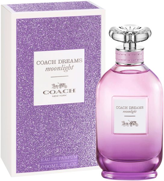 Flacone e scatola. Flacone rosa-viola, tappo argentato. Scatola glitterata, testo: Coach Dreams Moonlight.