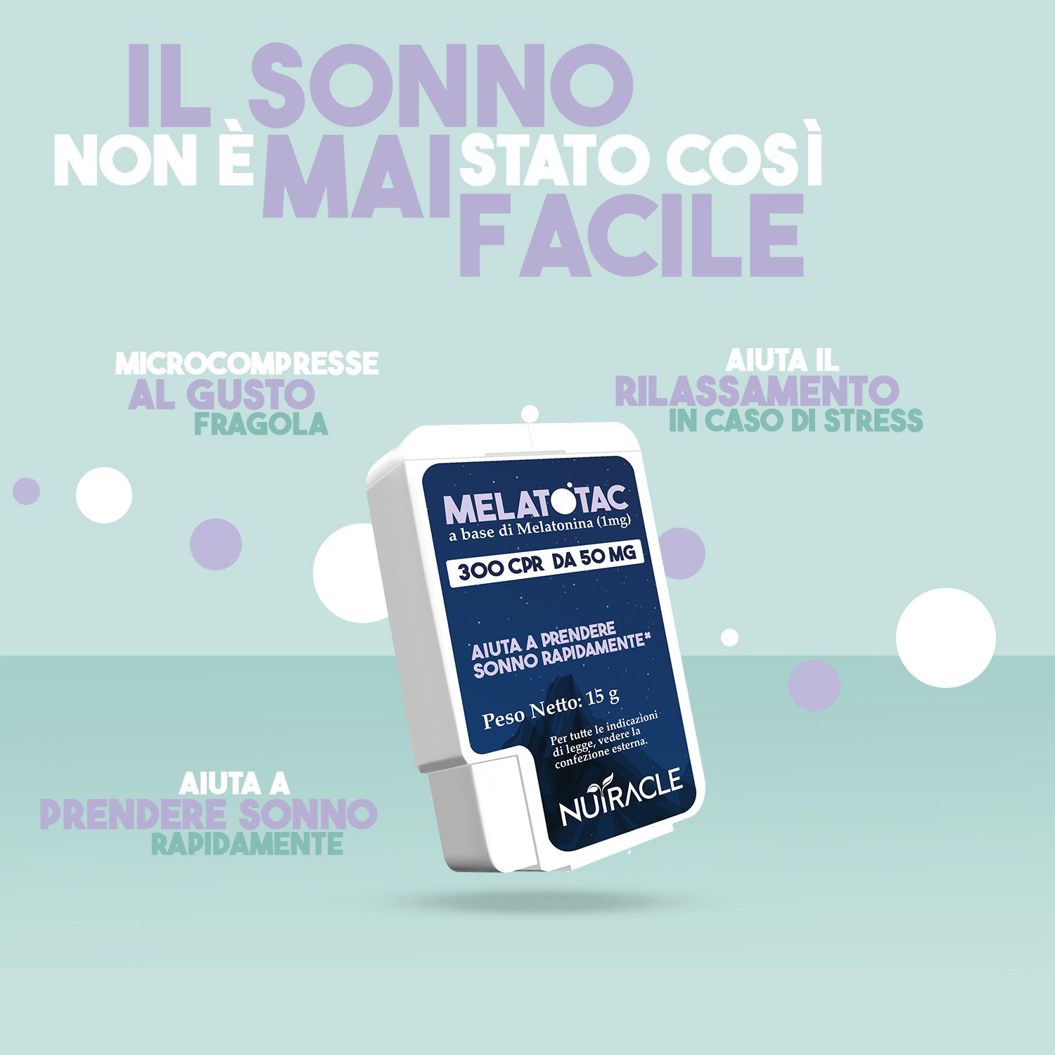 Confezione del prodotto con scritta blu MELATOTAC, 300 CPR DA 50 MG. Marchio: Nutracle. Sfondo: azzurro con punti.