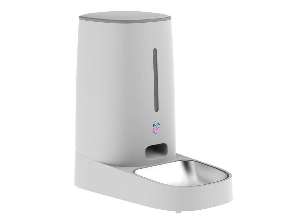 Distributore automatico di cibo bianco con ciotola in acciaio inox. Logo EASY PET. Vista laterale.