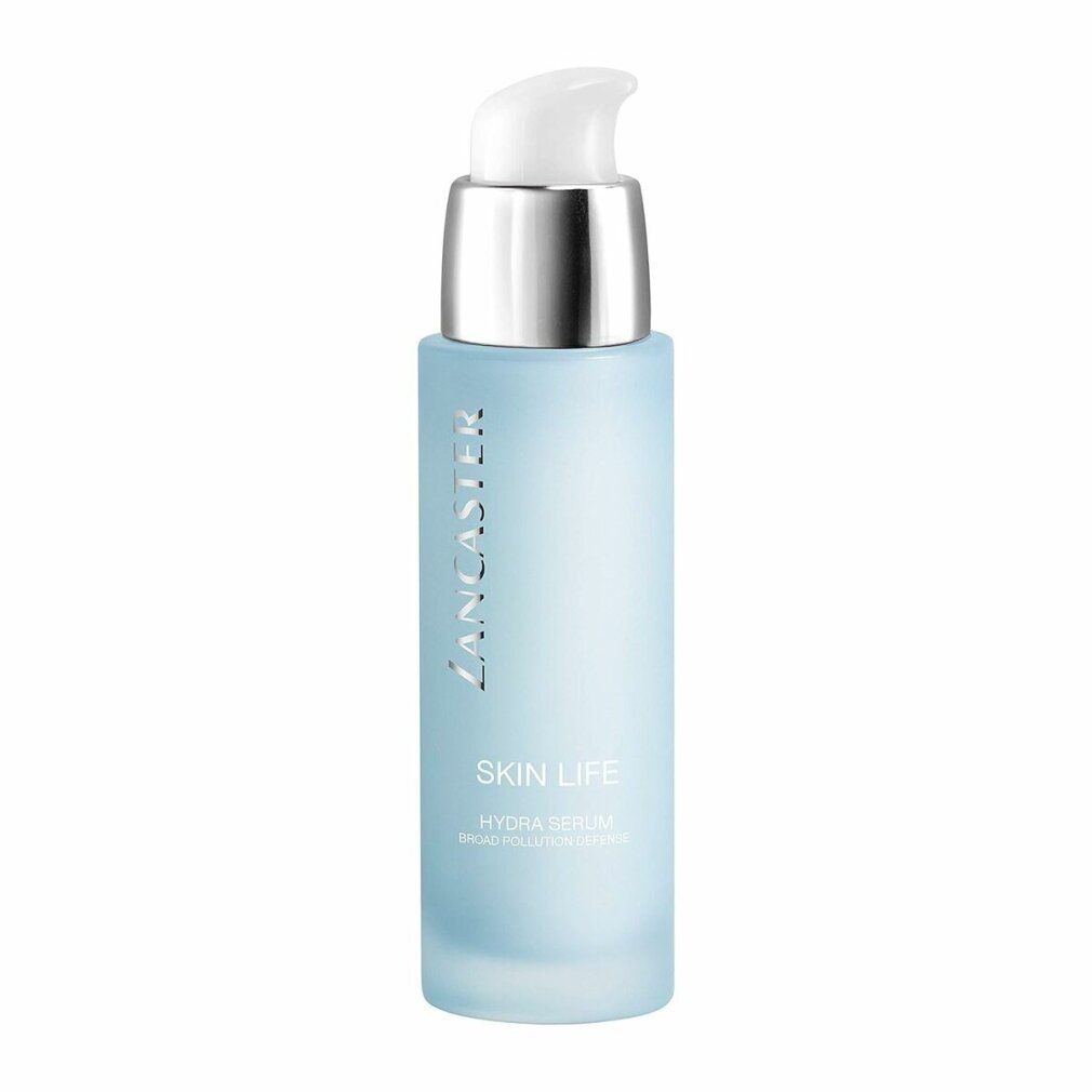 Siero azzurro con erogatore argentato. Scritta: Lancaster, Skin Life Hydra Serum.