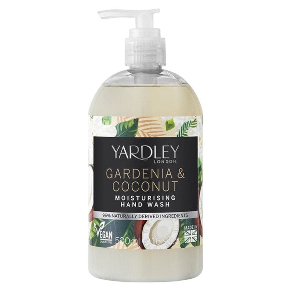 Sapone per le mani con dispenser. Etichetta nera con testo: GARDENIA & COCONUT. Illustrazioni di cocco e foglie. Yardley London. Vegan.
