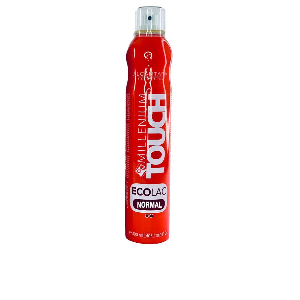 Flacone spray rosso con scritte bianche. Scritte: "MILLENIUM TOUCH", "ECOLAC NORMAL". Erogatore trasparente.