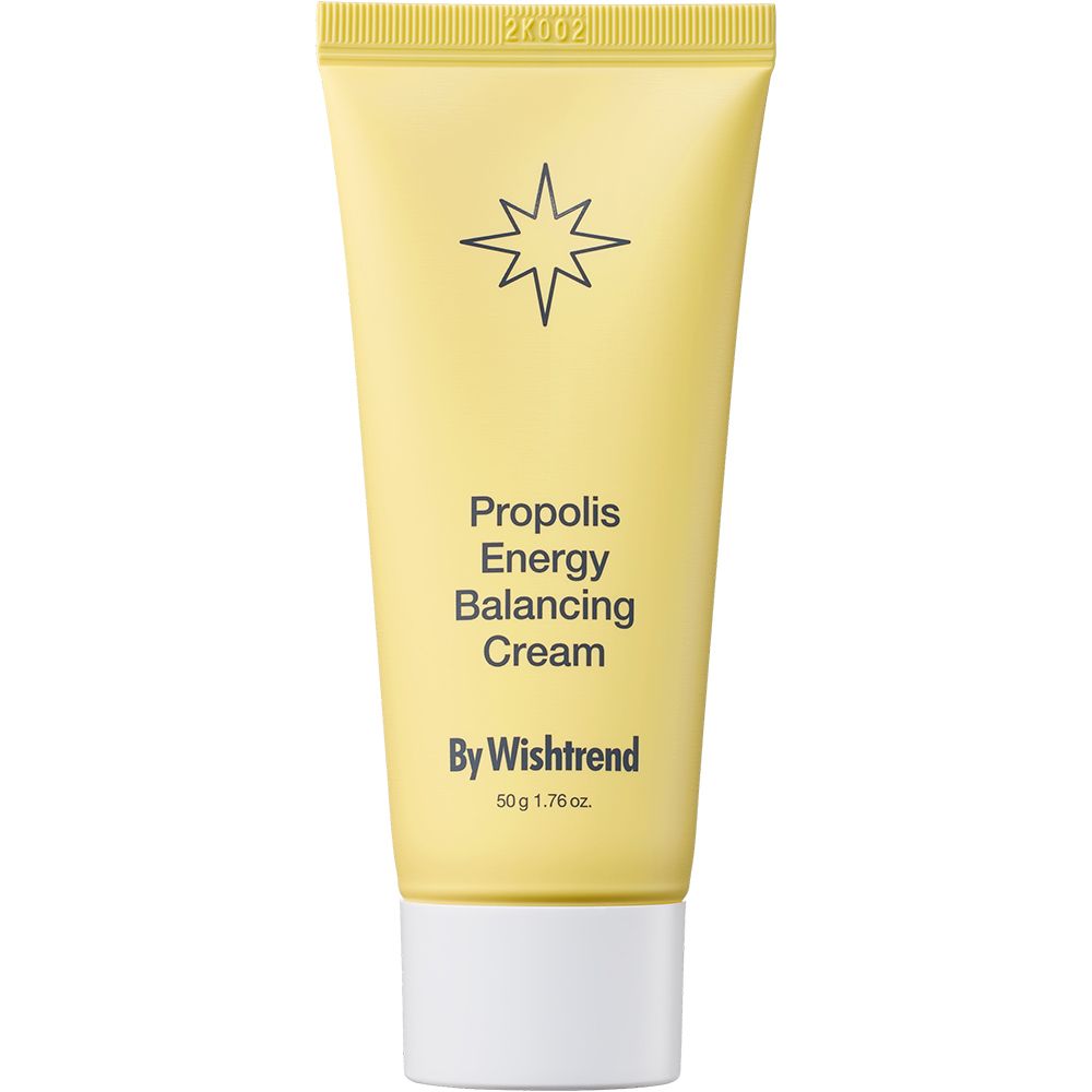 Tubo giallo con testo: Propolis Energy Balancing Cream, By Wishtrend. 50g 1.76 oz. Simbolo stella in alto.