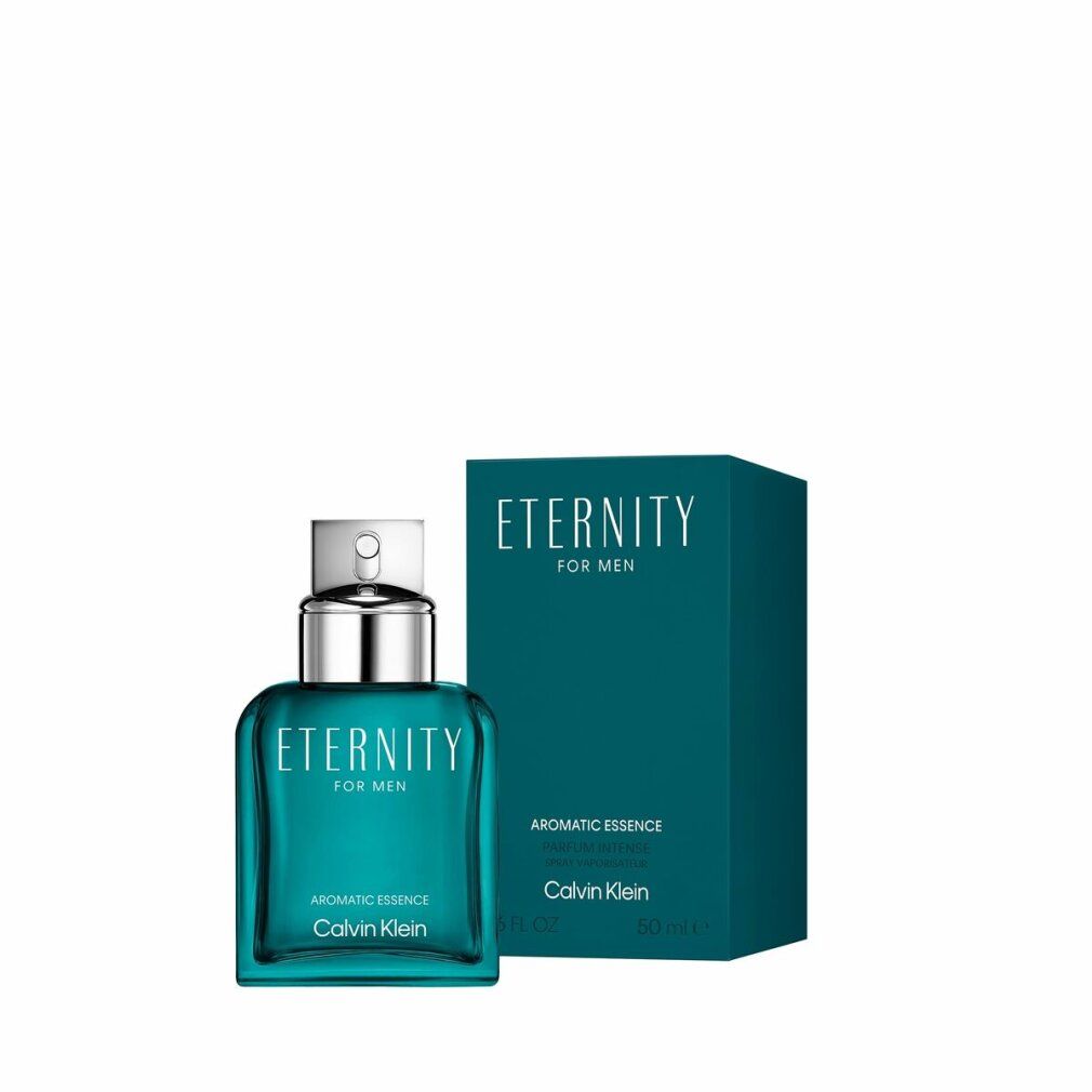 Flacone e scatola turchese. Scritta: Eternity for Men, Aromatic Essence, Calvin Klein. Flacone con tappo argentato.