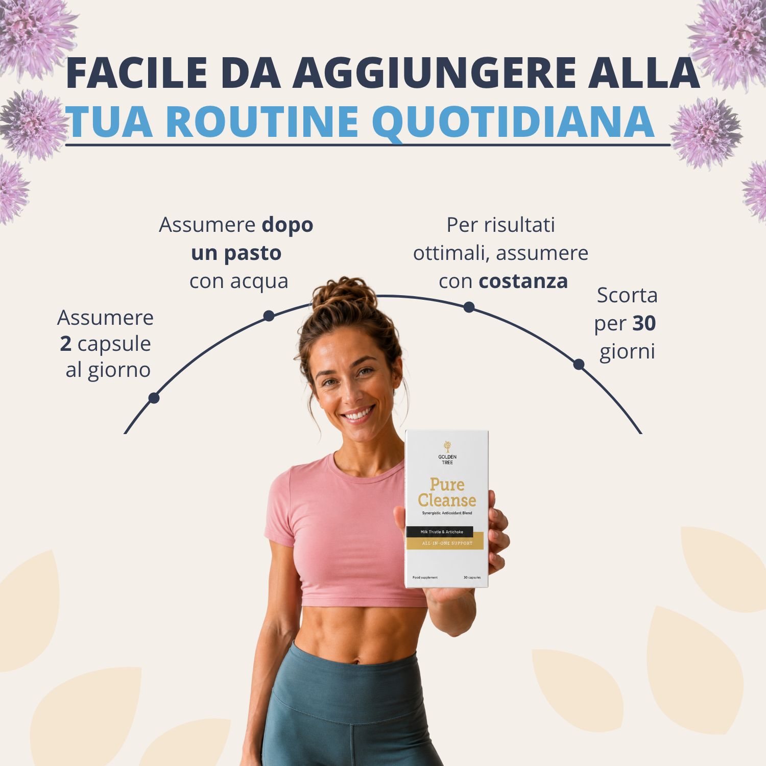 Donna che tiene la confezione Golden Tree Pure Cleanse, integrabile nella routine quotidiana.