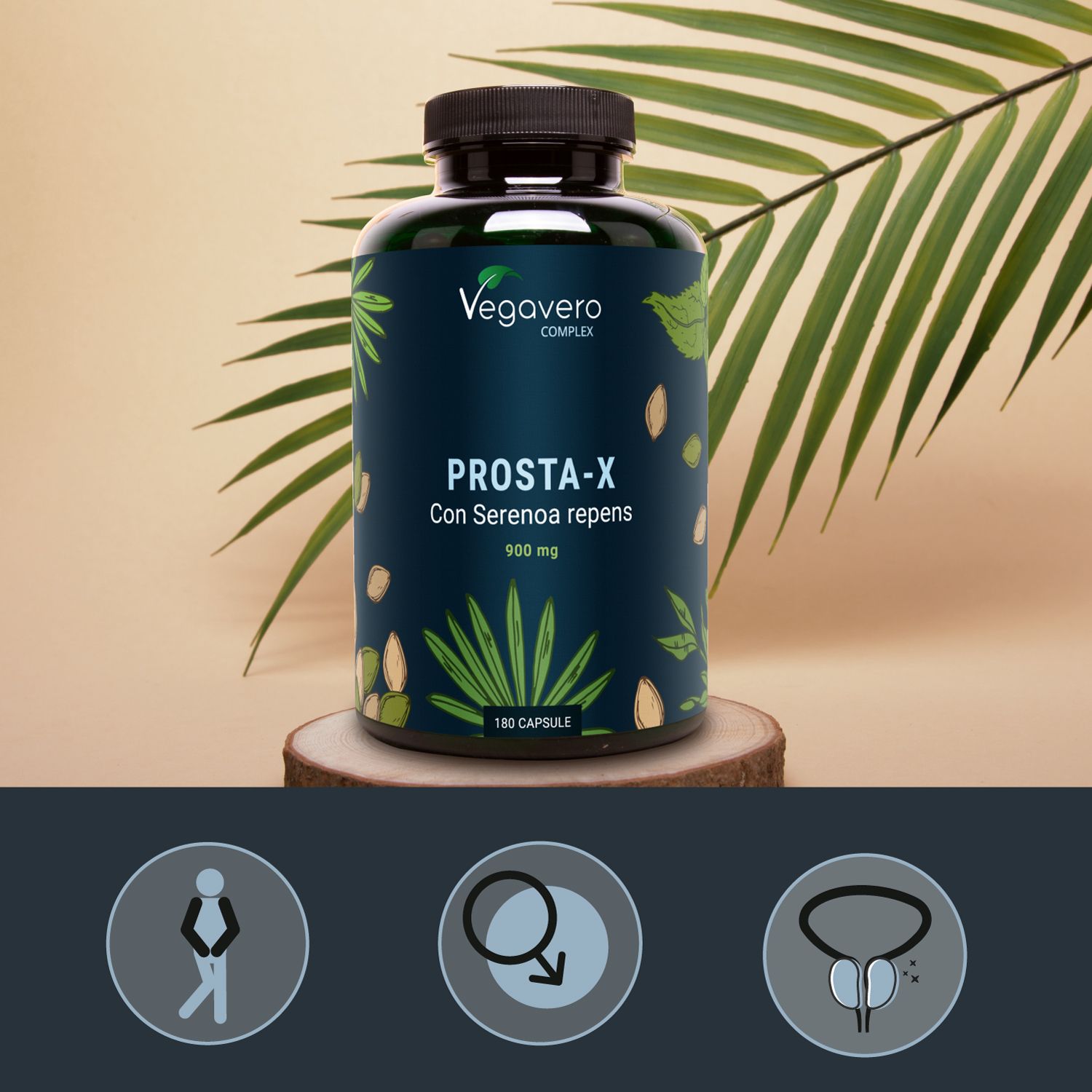 Bottiglia verde su base in legno. Scritta PROSTA-X, Con Serenoa repens, 900 mg, 180 capsule. Logo Vegavaro. Illustrazioni di simboli.
