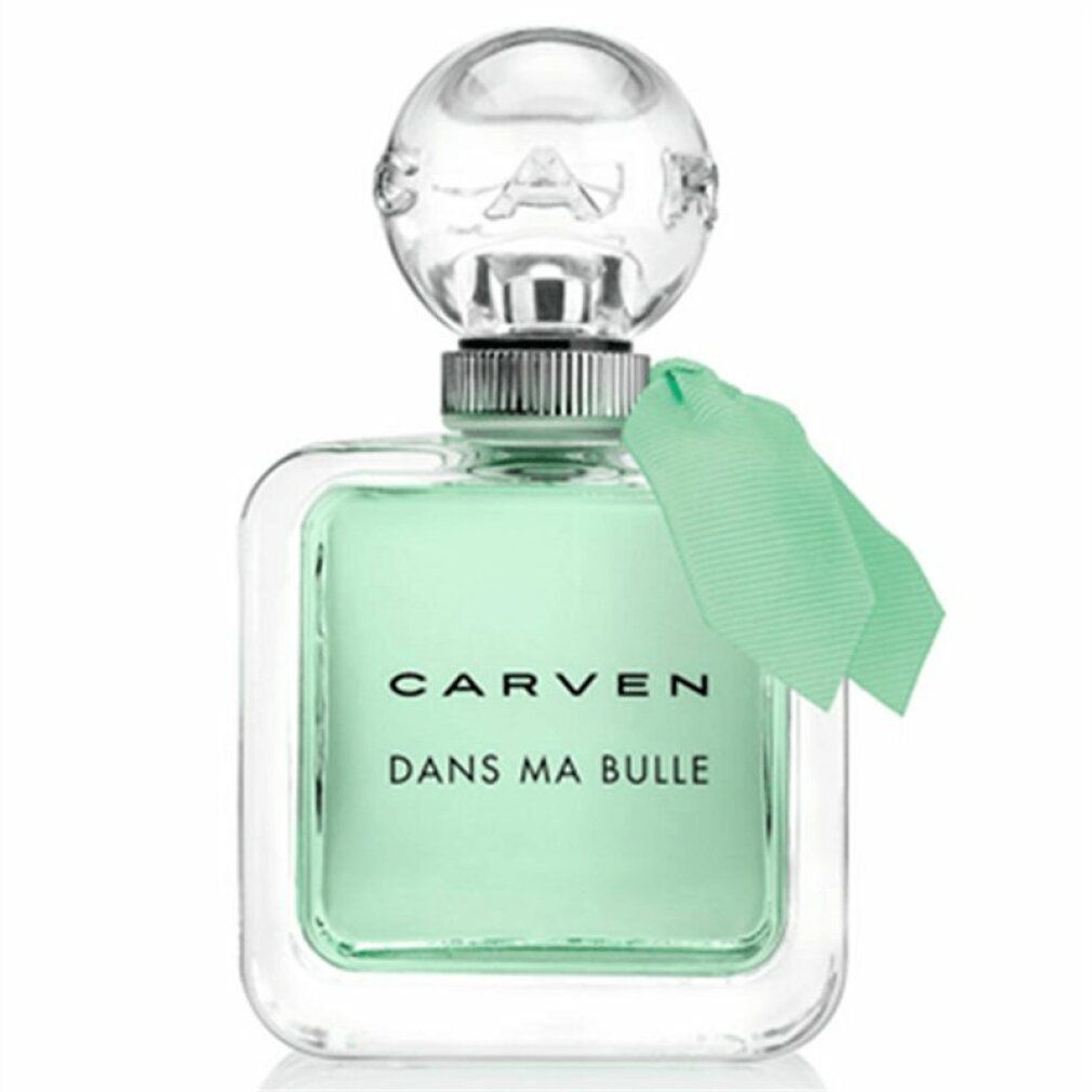 Flacone quadrato in vetro con liquido verdognolo. Scritta: CARVEN DANS MA BULLE. Tappo trasparente. Nastro verde.