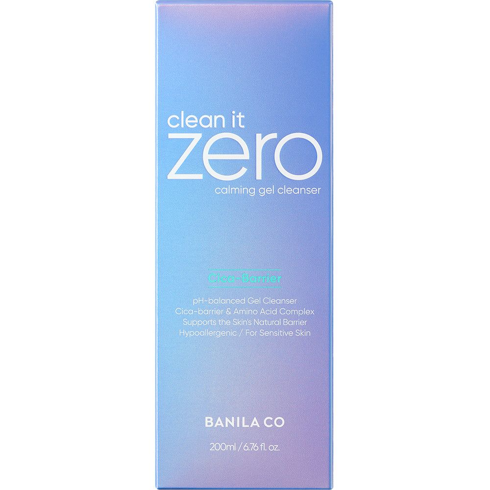 Scatola con scritta: Clean it Zero, Calming Gel Cleanser. Contiene informazioni sul prodotto.