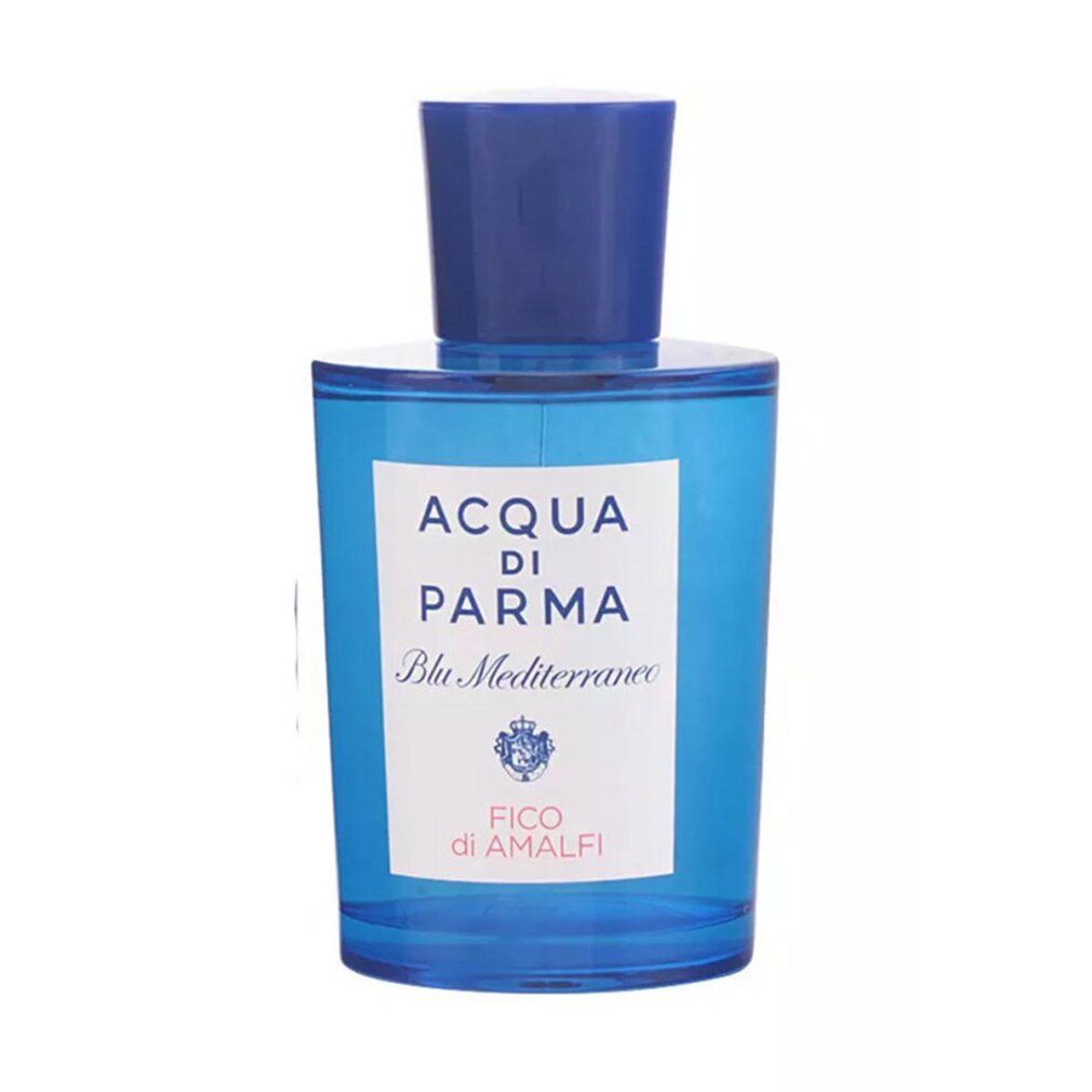 Flacone di profumo blu con tappo blu. Scritta: Acqua di Parma, Blu Mediterraneo, Fico di Amalfi.