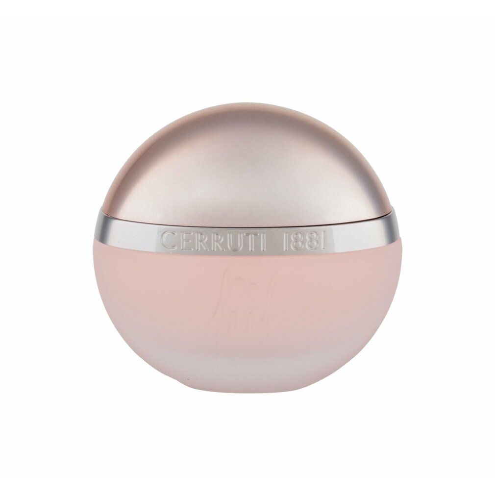 Flacone rotondo con contenuto rosa e anello argentato con "Cerruti 1881".